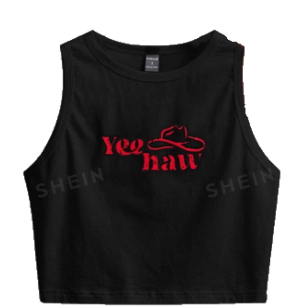 SHEIN Black Sleeveless Stretch Crop Top with Red Yee Haw Cowboy Hat Print NWOT